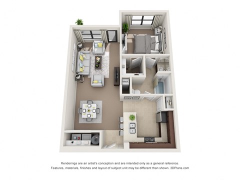 a stylized floor plan with a bedroom and a living room